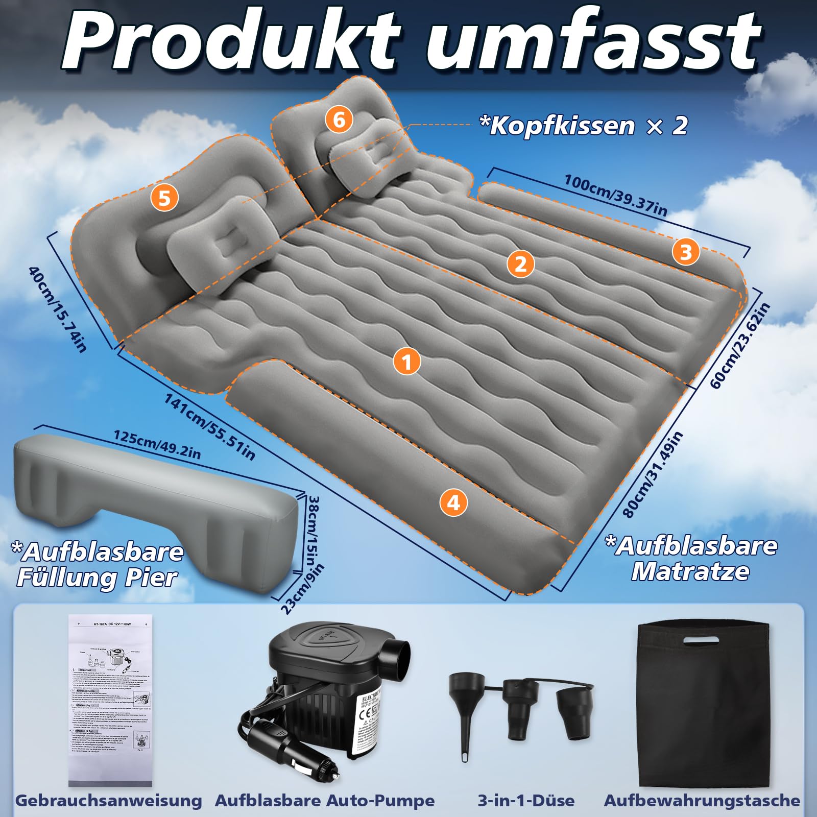 FORMIZON SUV Aufblasbare Matratze, 180 * 140cm Auto Luftmatratze, Aufblasbare Matratze Kofferraum mit Luftpumpe und 2 Kissen, Tragbare Doppelseitige Dickere Auto Bett für Reisen Camping Outdoor