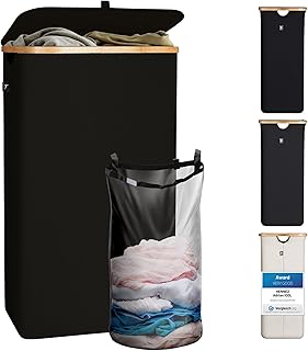 Hennez Cesto Ropa Sucia Con Tapa de 100L de Color Negro - Cubo Ropa Sucia con Tapa y Bolsa Extraíble - Cesta Ropa Sucia Plegable para la Colada y el Baño - Pongotodo y Organizador Grande de Bambu