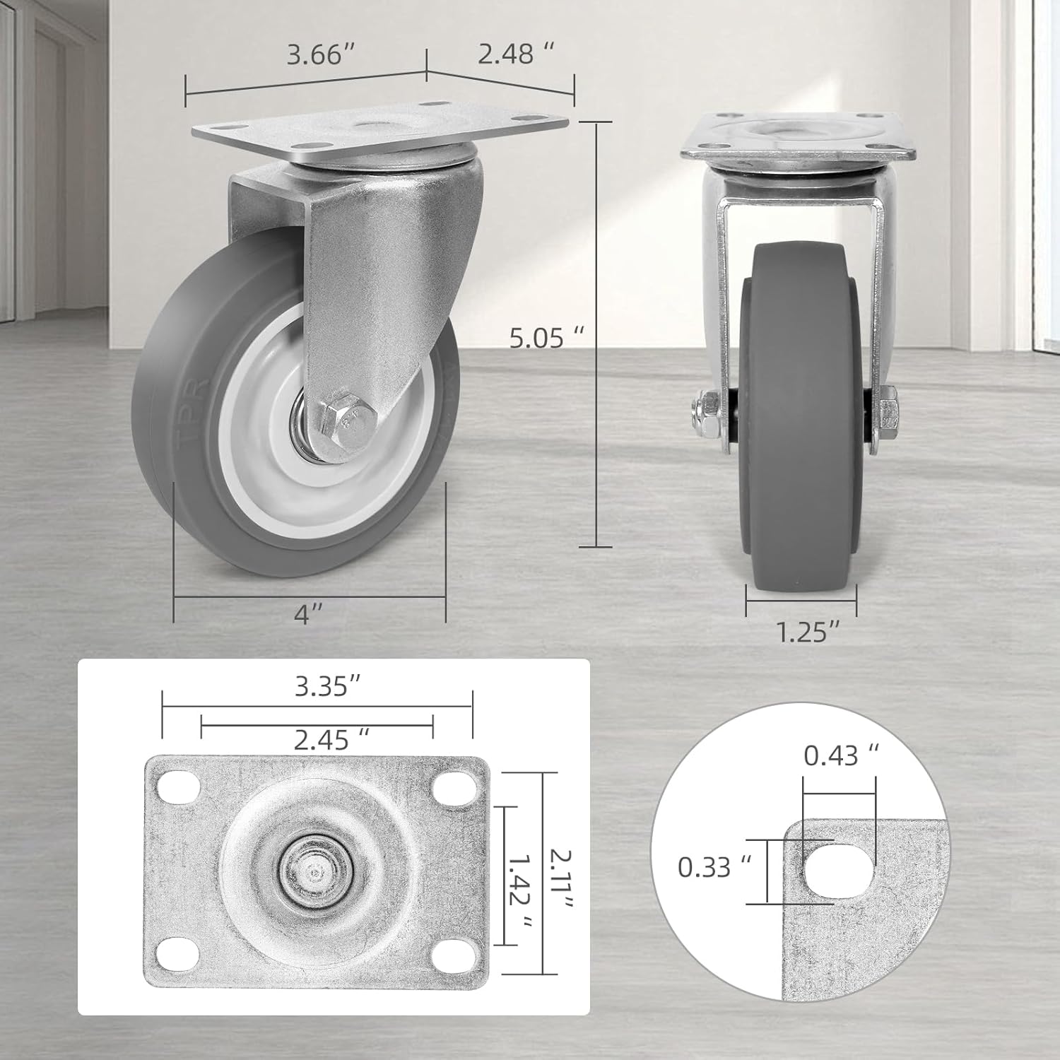 4 Inch Caster Wheels, Rubber Wheels Silent Castor- Set of 4 Heavy Duty Caster Wheels with Brake 1600Lbs, Industrial Plate Casters Wheels for Cart Furniture Workbench (4 Swivel)
