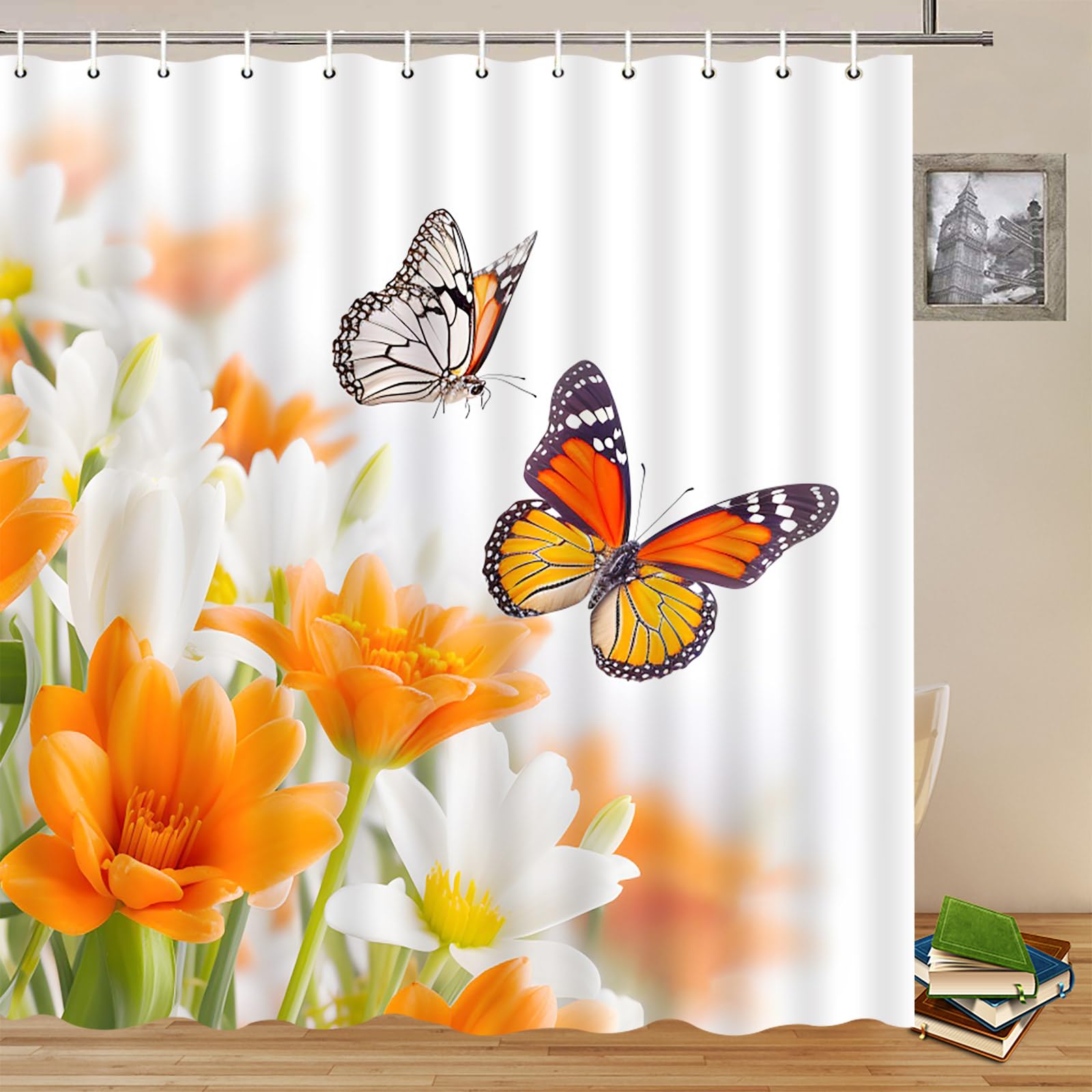 Save 41% on Orange White Floral Shower Curtain Set