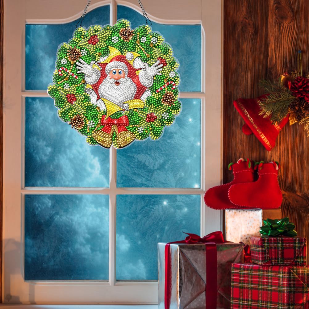 Starnearby Diamond Painting Couronne De Noël 5D Bricolage Couronne Peinture Diamant Guirlande Suspendu Mosaïque Couronne De Noël Porte Ornement