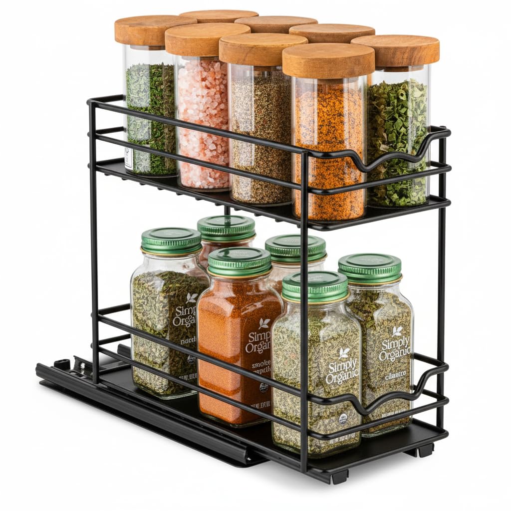 Pull Out Cabinet Organizer for Spices, Cans - Heavy Duty with Lifetime Limited Warranty- Pull Out Spice Rack- Cabinet Pull Out Shelf for Cans,Dishes, Etc, 4-1/2"Wx10-3/8"Dx8-7/8"H, Black