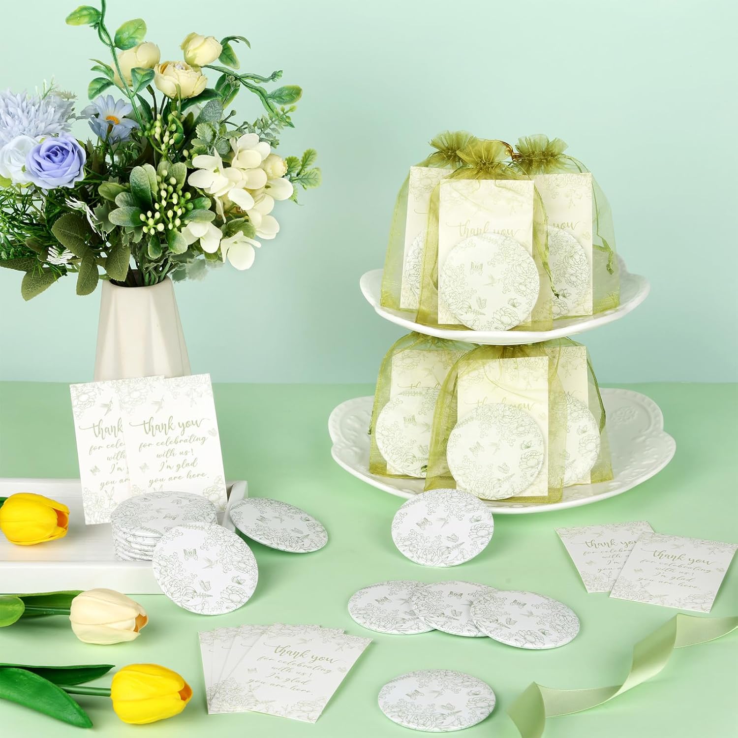 50Sets Green Floral Compact Mirrors Party Favors, Portable Pocket Mirror Bridal Shower Wedding Baby Shower Party Supplies with Thank You Tags & Organza Bags for Guest Gift Souvenirs