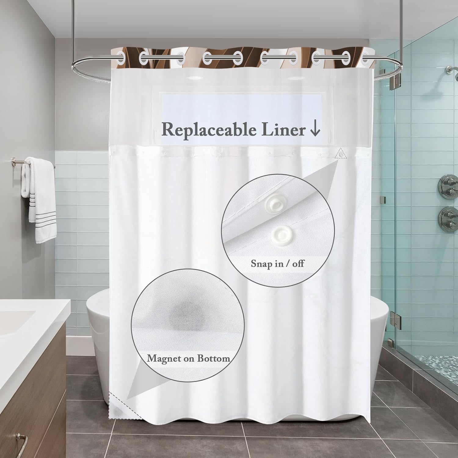 No Hook Shower Curtain with Snap in Liner, Hotel Style Modern Abstract Brown Ombre White Striped Minimalist Art Shower Curtain Waterpoof Washable with See Through Top Window,71"x74"