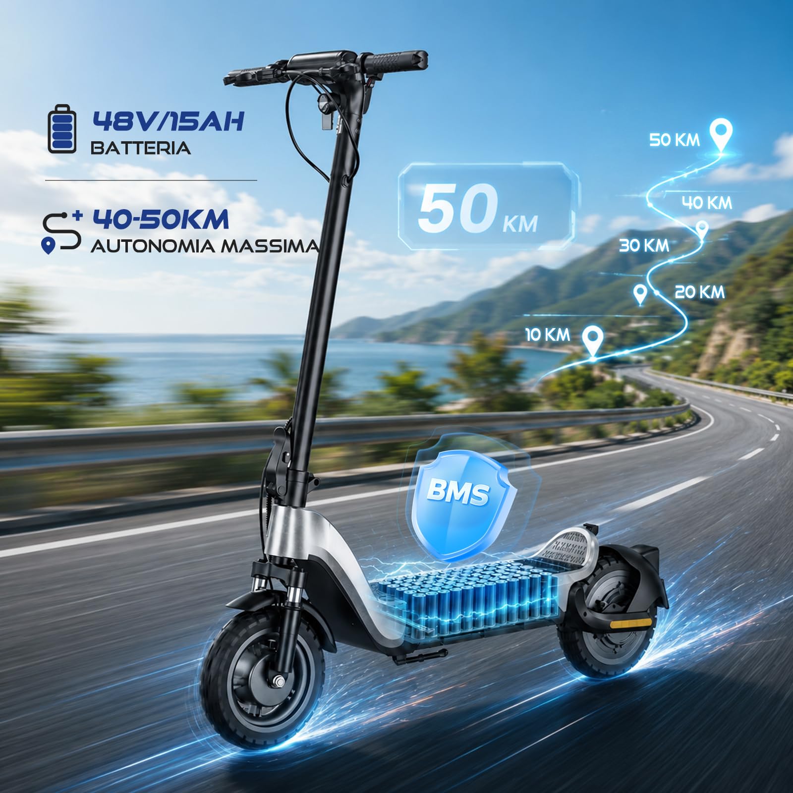 X3 Monopattino Elettrico per Adulti, Batteria 48V 15Ah, Autonomia 40–50 km, Velocità Limitata 25 km/h, Ruote 10” Off-Road, Doppia Sospensione, Freni a Disco, APP Smart, Telaio Pieghevole in Magnesio,