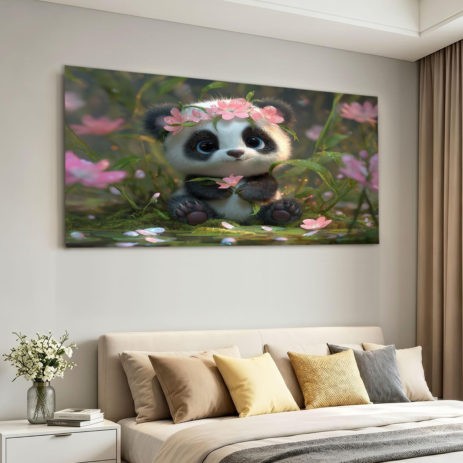 Kreskówka kwiatowa, z ramą, obrazy na płótnie, zwierzę, panda na płótnie, sztuka ścienna, nowoczesny obraz ścienny, druk artystyczny, dekoracja do salonu, sypialni, jako prezent, 120 l x 80 W cm