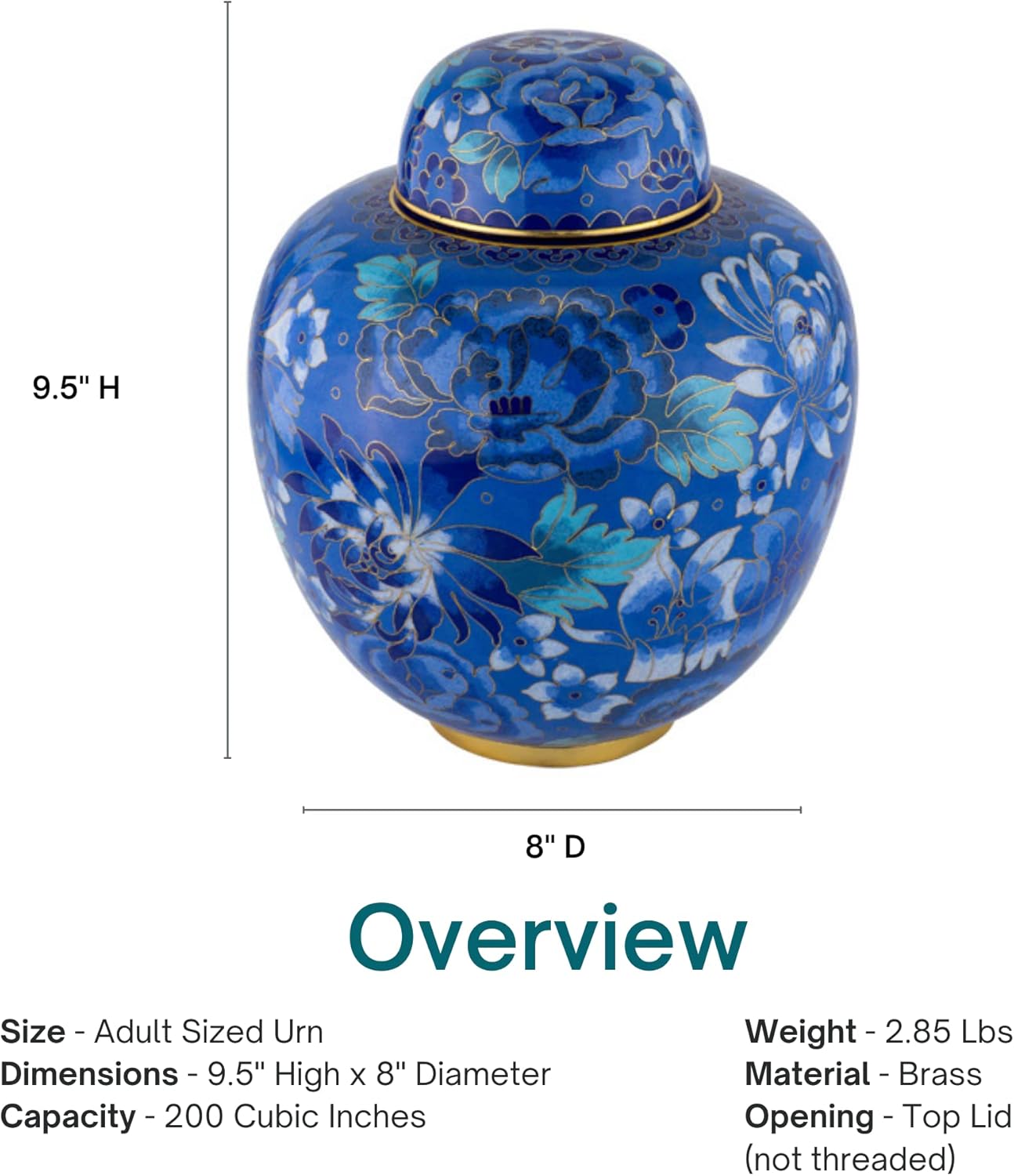 Azure Blue Cloisonne Cremation Urn for Ashes, Metal, Blue Enameled Urn, Adult Sized Cremation Urn, 9.5 Inches High