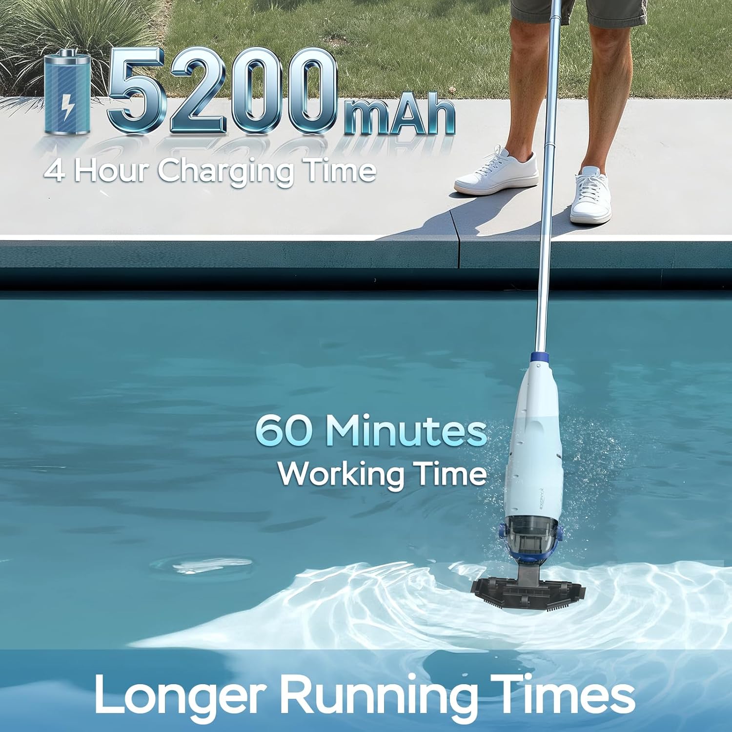Cordless Handheld Pool Vacuum Cleaner, 18.5GPM Enhanced Powerful Suction for Above Ground/Inground Pool with 72.85" Pole, 60 Min Run Rechargeable Pool Vacuum with 4 Filter Bags & Storage Bag