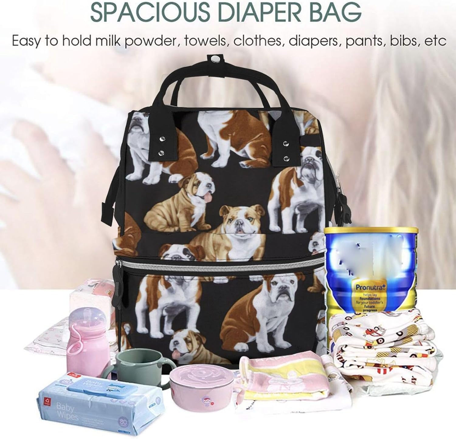 Elegant English Bulldogs Print Mummy backpack Large, Waterproof,Adjustable Straps for Outdoor Activities
