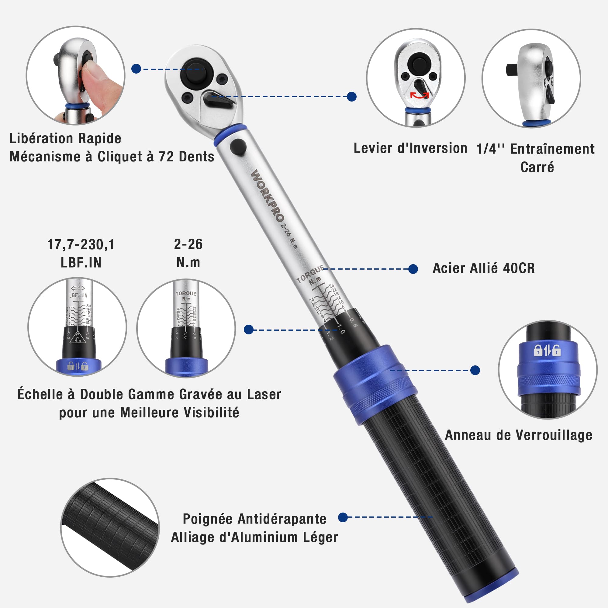 WORKPRO Clé Dynamométrique 1/4’’, Clef Dynamométrique Vélo | Cliquet 72 Dents Réversible, Extension, Adaptateur 1/4"-3/8", 11 Douilles Torx et Hexagonales pour Vélo
