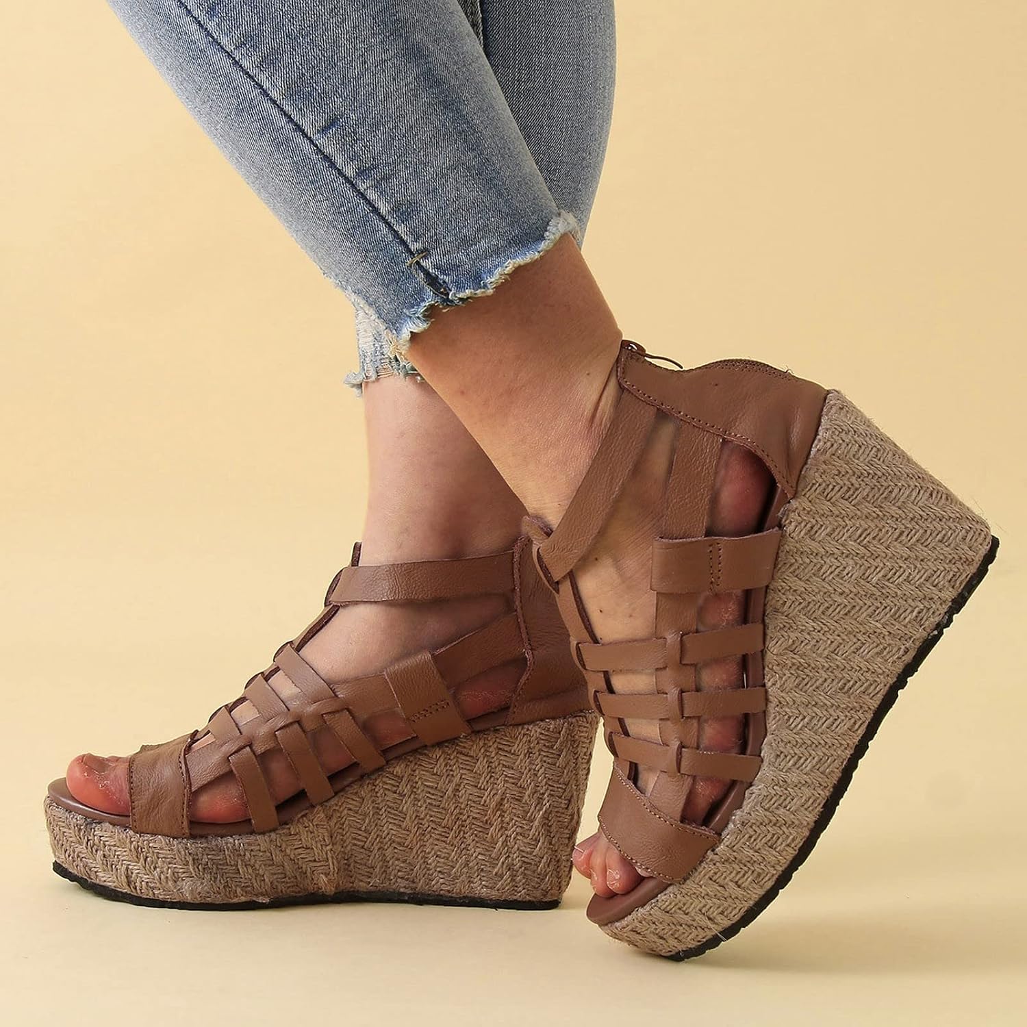 CsgrFagr Women's Sneakers Wedge Sandals for Women Shoes Dressy Casual Summer Open Toe Ankle Strappy Espadrille Platform Platform (Brown, 7)
