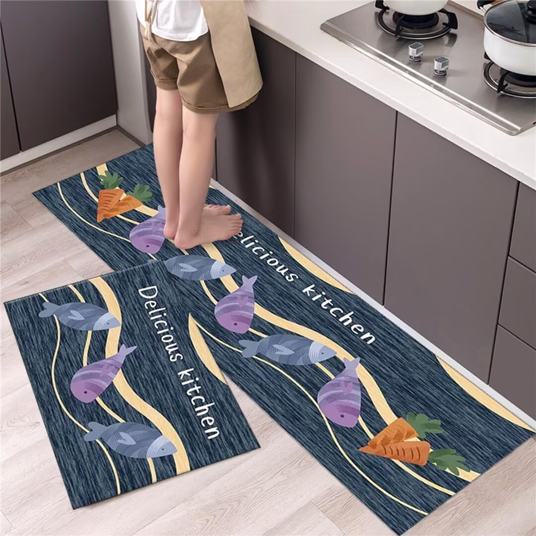 Alfombra cocina 60x180cm y 60x90cm antideslizante con estampado de pez resistente al aceite