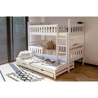 Kids Collective Bunk Bed 90 x 200 cm with Pull-Out Bed Bunk Bed with Pull-Out Function Two Drawers Slated Frame Fall Protection Convertible into Three Single Beds Solid Wood in White Age 4-18