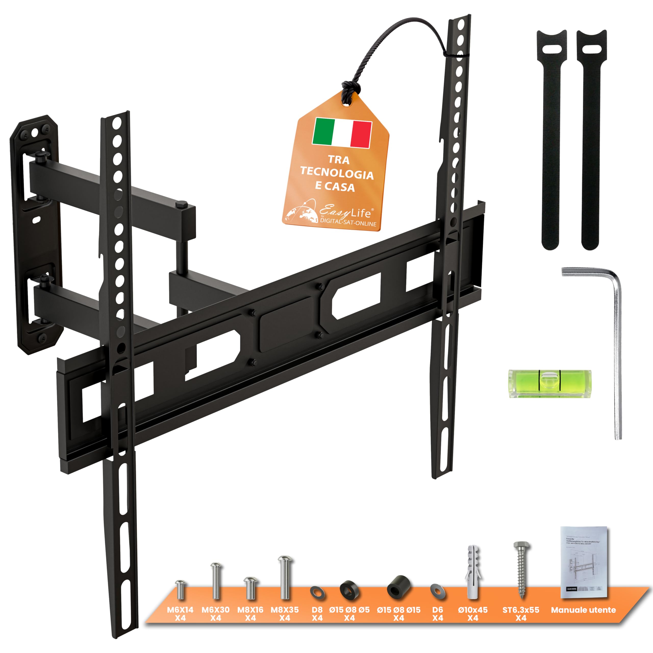 EasyLife TV Supporto da Parete FlexMount E70 Single 37–70 Pollici – Girevole, Inclinabile, Design a 1 Braccio, VESA 600x400, Capacità 35KG – Supporto TV per LED, LCD, OLED, 4K con Gestione Dei Cavi