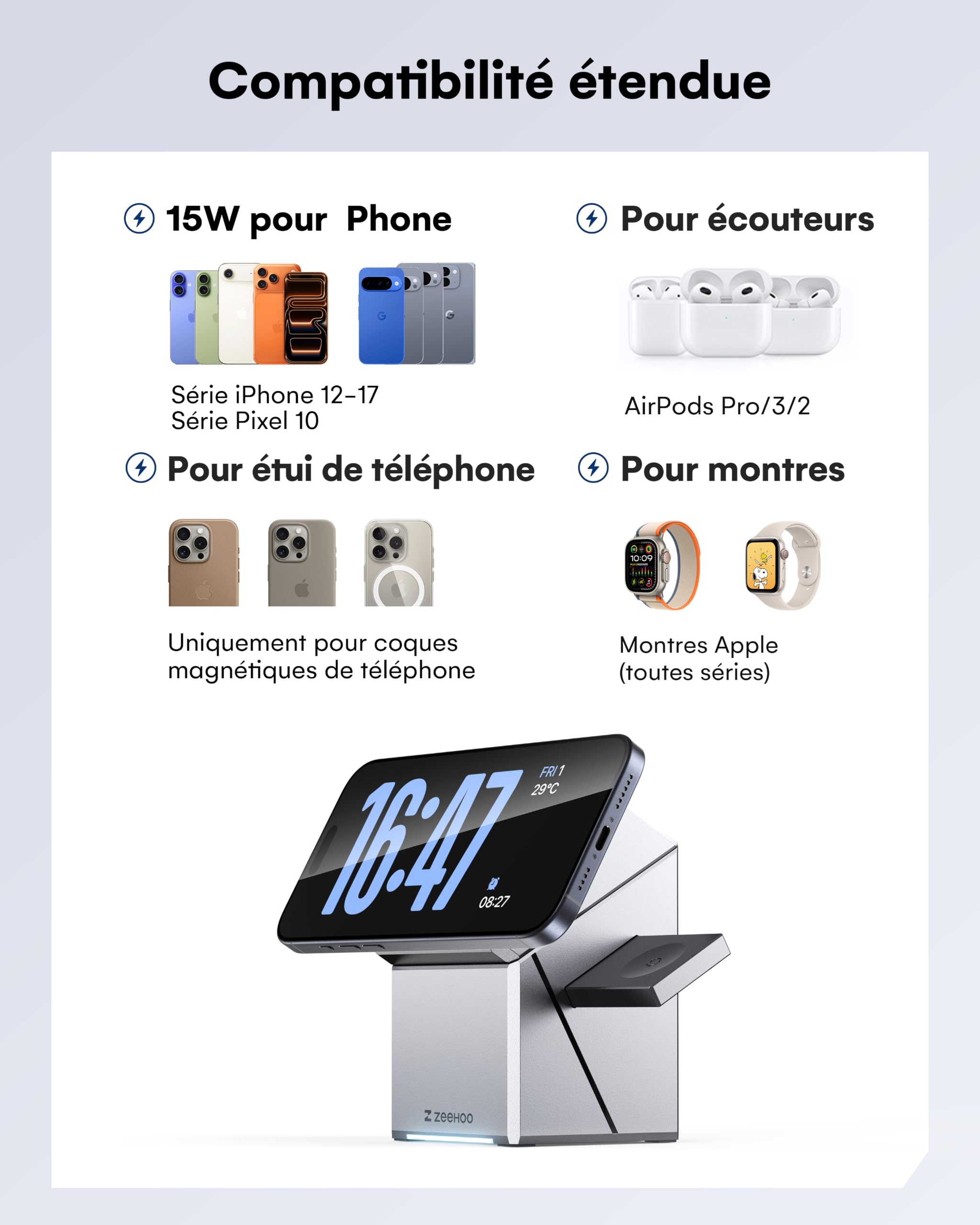 ZEEHOO Station de Charge 3 en 1 pour Apple, iPhone, Support de Chargeur Rotatif sans Fil pour iPhone 16, 15, 14, 13, 12, Apple Watch, AirPods (Chargeur USB-C Inclus)