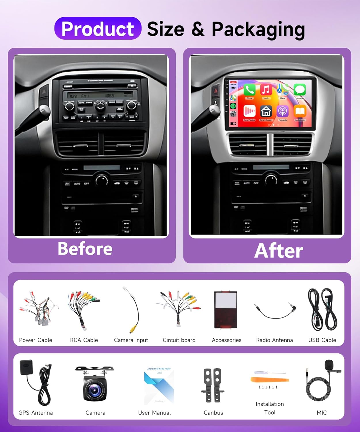 4Core 4G+64G Rimoody Android Car Stereo Radio for Honda Pilot 2006 2007 2008, Wireless Carplay Andorid auto GPS WiFi Mirror Link 9'' HD Touchscreen Bluetooth 5.0 FM/RDS EQ-32 SWC Backup Camera
