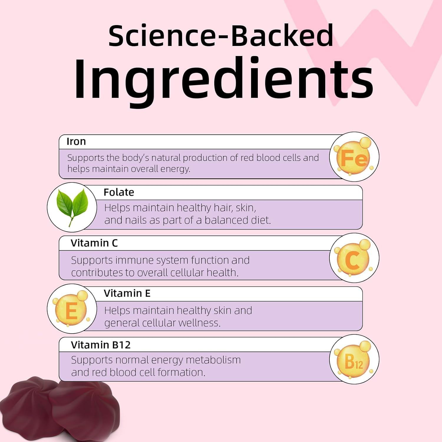 Wondermoon Iron Gummies for Women with Vitamin C, Chewable Iron Supplement with B12 & Folate, Cherry Flavor, 60 Gummies