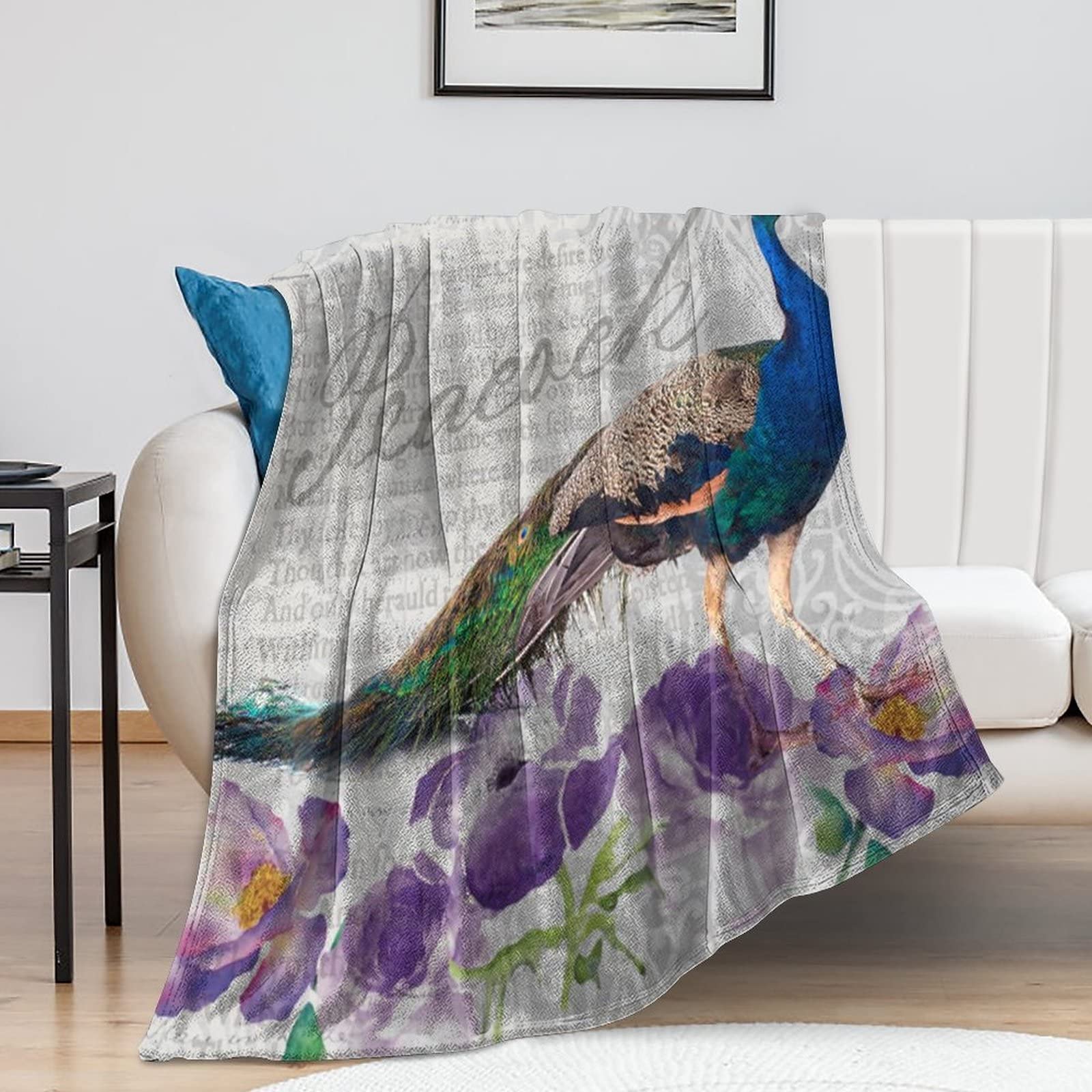 Cadeau pendaison de crémaillère couverture flanelle motif paon chic