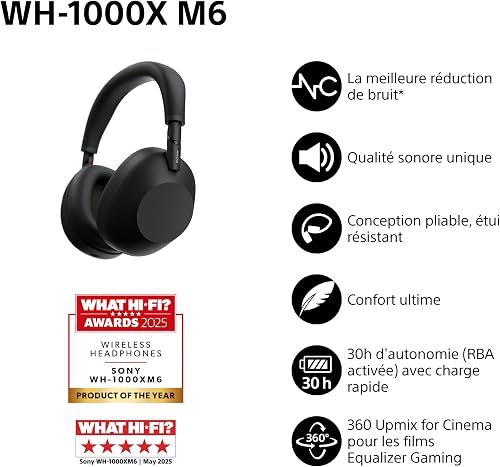 SONY WH-1000XM6 Flagship Noise Cancelling Over-Ear Wireless Bluetooth Headphones, Signature Hi-Res Sound, Comfort, Foldable Design, Durable Case, 30 HR Battery NC On, iOS & Android – Black - 2