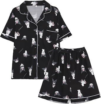 Kawaii Cartoon Pajamas for Women Girls Sleepwear Loungewear Short Sleeve Shirt with Shorts 2 Piece Pajama Sets Black M