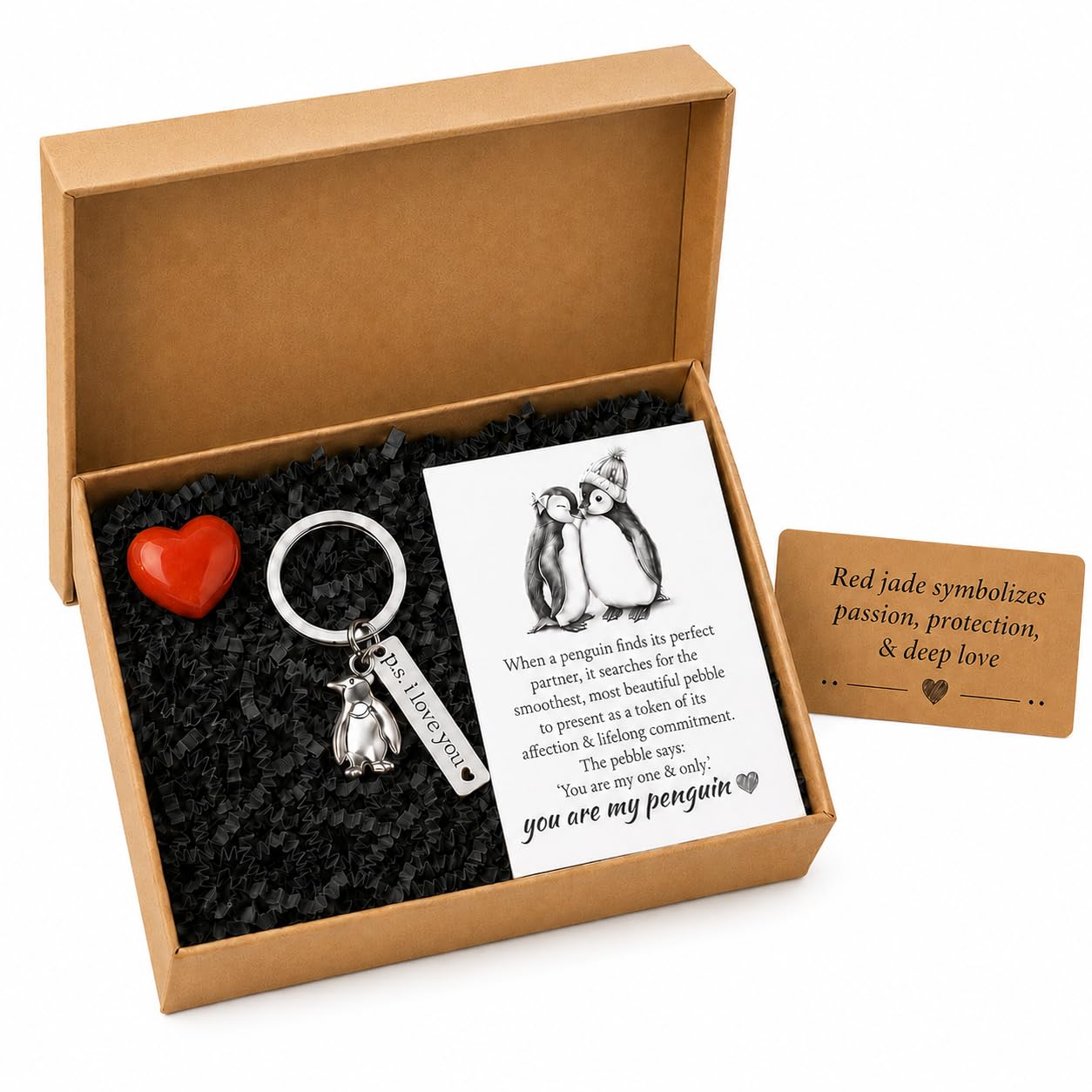 Virelle Romantic Penguin Love Keepsake Box Set for Couples – Heart Keyring with Red Jade Token, Ideal i love you gifts for him and her, Anniversary or Valentine’s Day Present