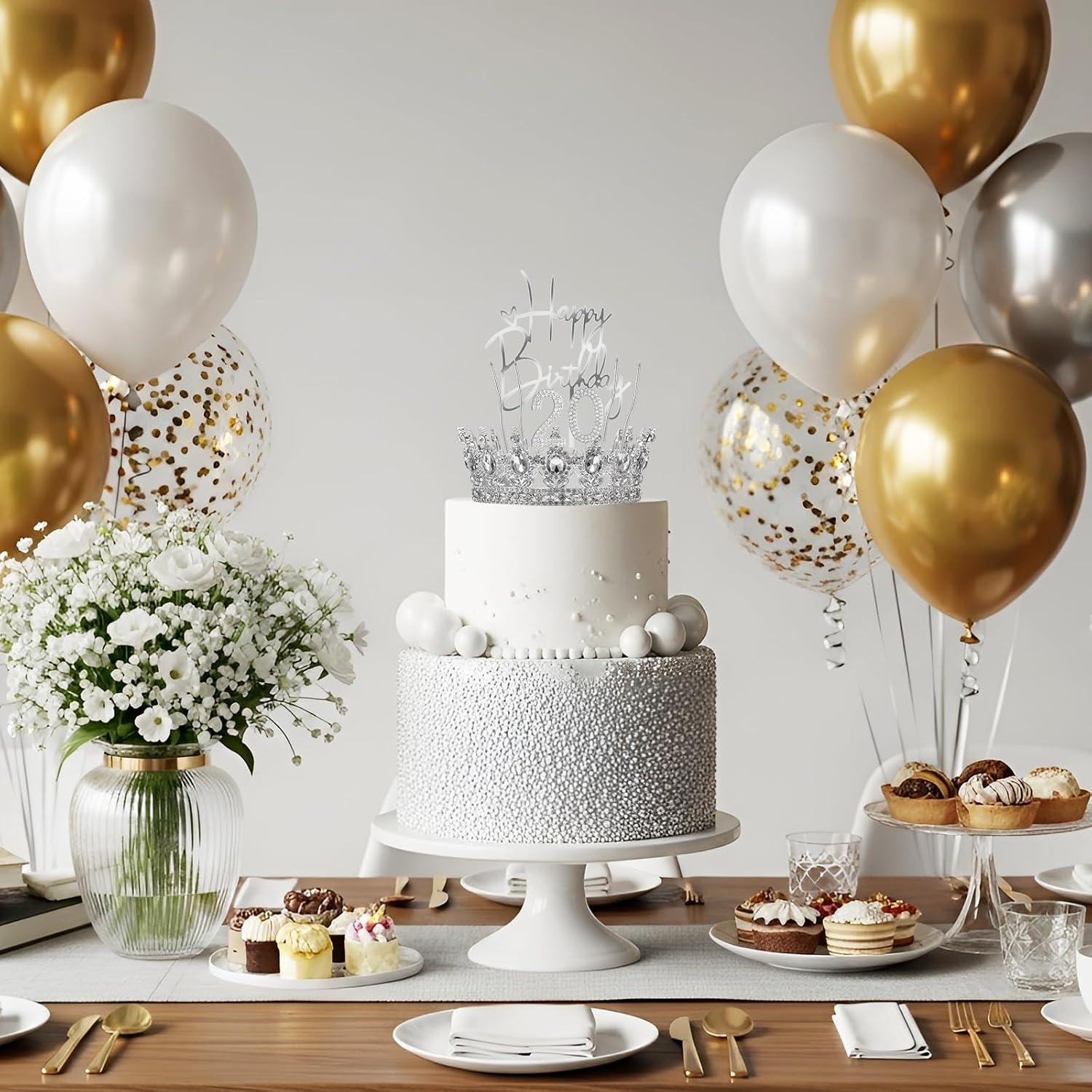 Quelay 13 Pcs Happy Birthday Cake Topper Decorations Set Queen Crown Rhinestone Princess Tiara Cake Topper Numbers Candles 0-9 Happy Birthday Decor for Women Wedding Anniversary Party Supplies(Silver)