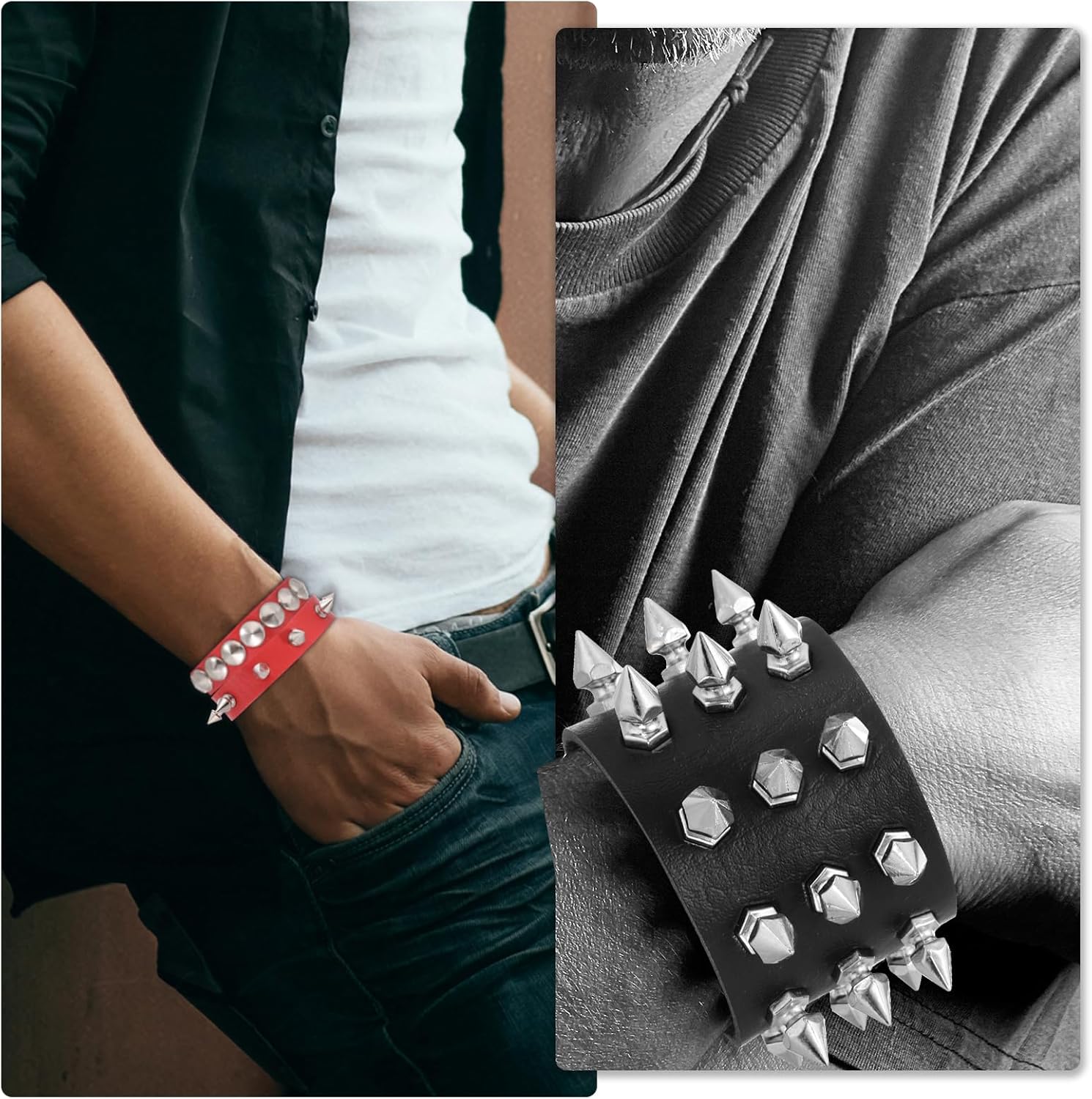 MECCANIXITY 2 Pcs Leather Punk Bracelet 8.7"/22cm Layered Row Conical Spikes Bracelet - Image 5