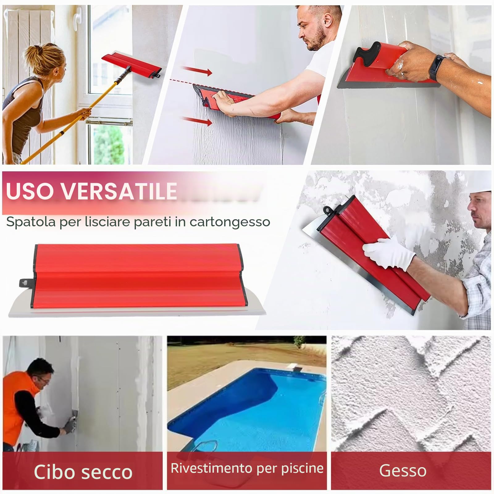 Set di spatole per superfici, 11 spatole (4 attrezzi e 4 lame in acciaio inox sostituibili e asta telescopica da 1,2 m e scatola di trasporto), manico ergonomico, per intonacare pareti e soffitti