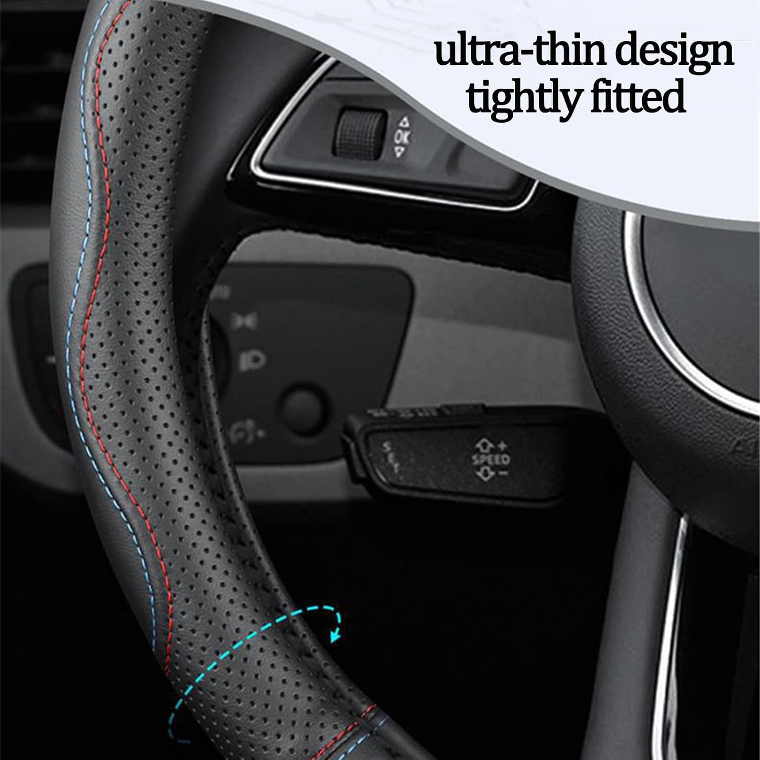 Car Steering Wheel Cover Wheel Cover Protector Universal Car Accessory for Ford Edge 2015 2016 2017 2018 2019 -Round(Twocolor line)+Car Logo