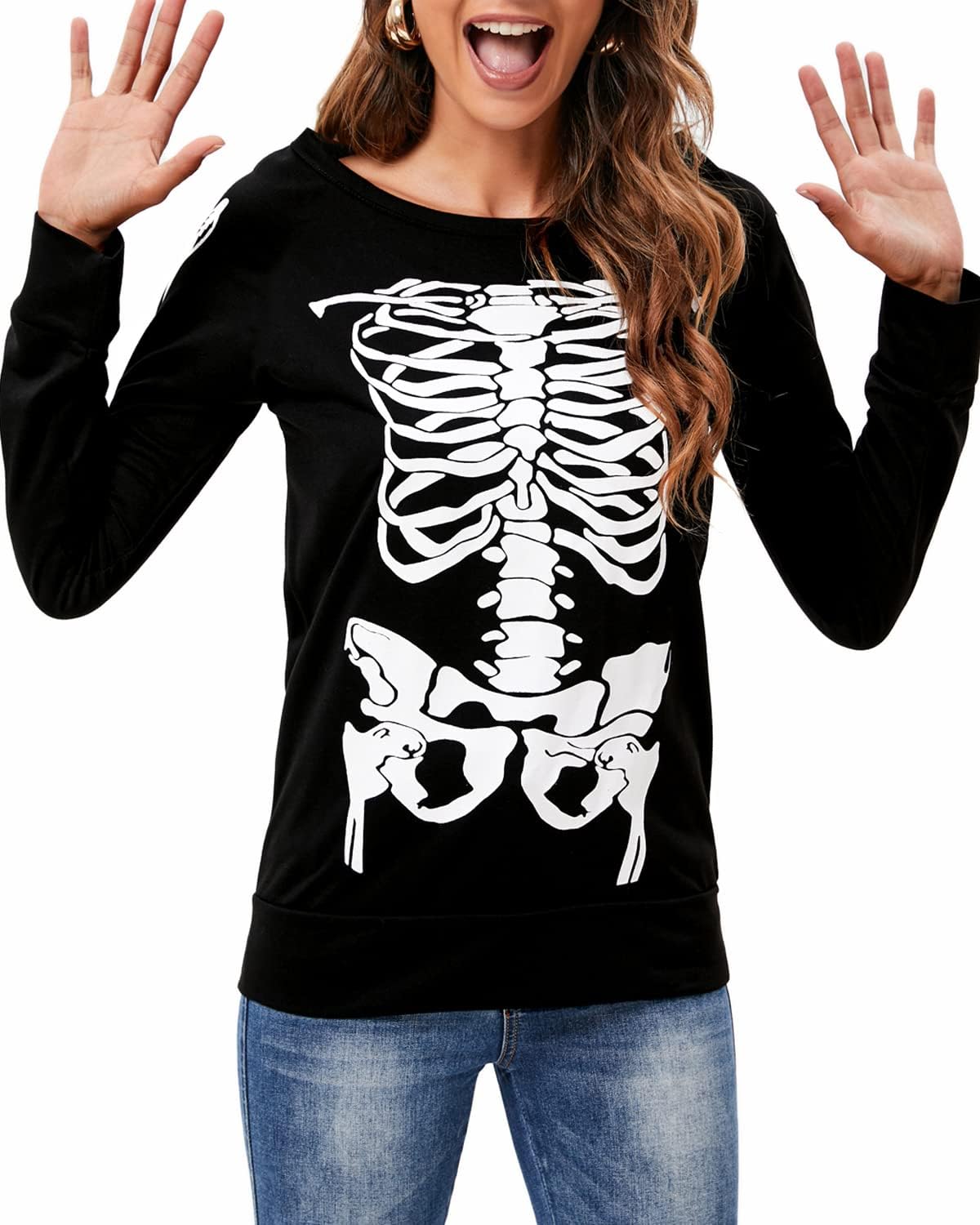 DDSOL Women's Long Sleeve Skeleton Shirt Crewneck Halloween Costume Outfits Tops Skeleton Sweatshirt - Image 3