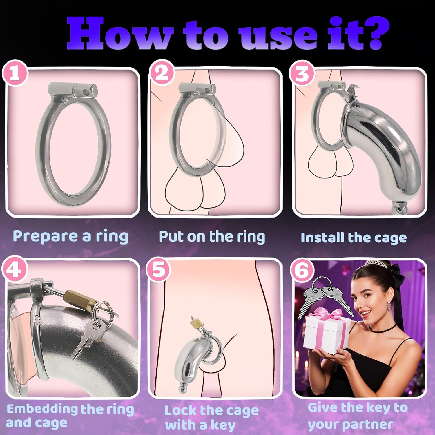 Men's Stainless Steel Penis Lock Penis Ring Cage with Lock Metal Chastity Appliance with Urethral Tube
