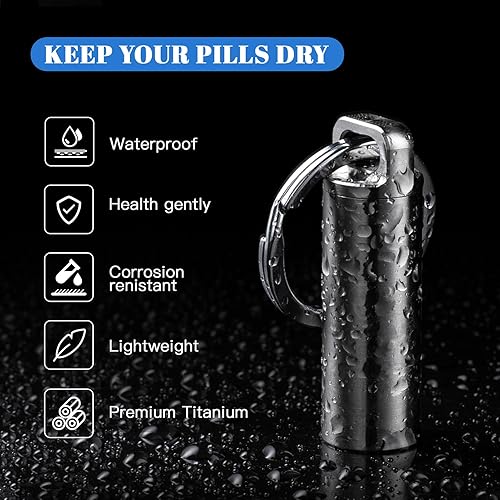 Miniatura 10 de TISUR Pastilleros portátiles, pastillero de metal de titanio, pastillero de bolsillo, llavero, botella de píldora, impermeable, organizador de