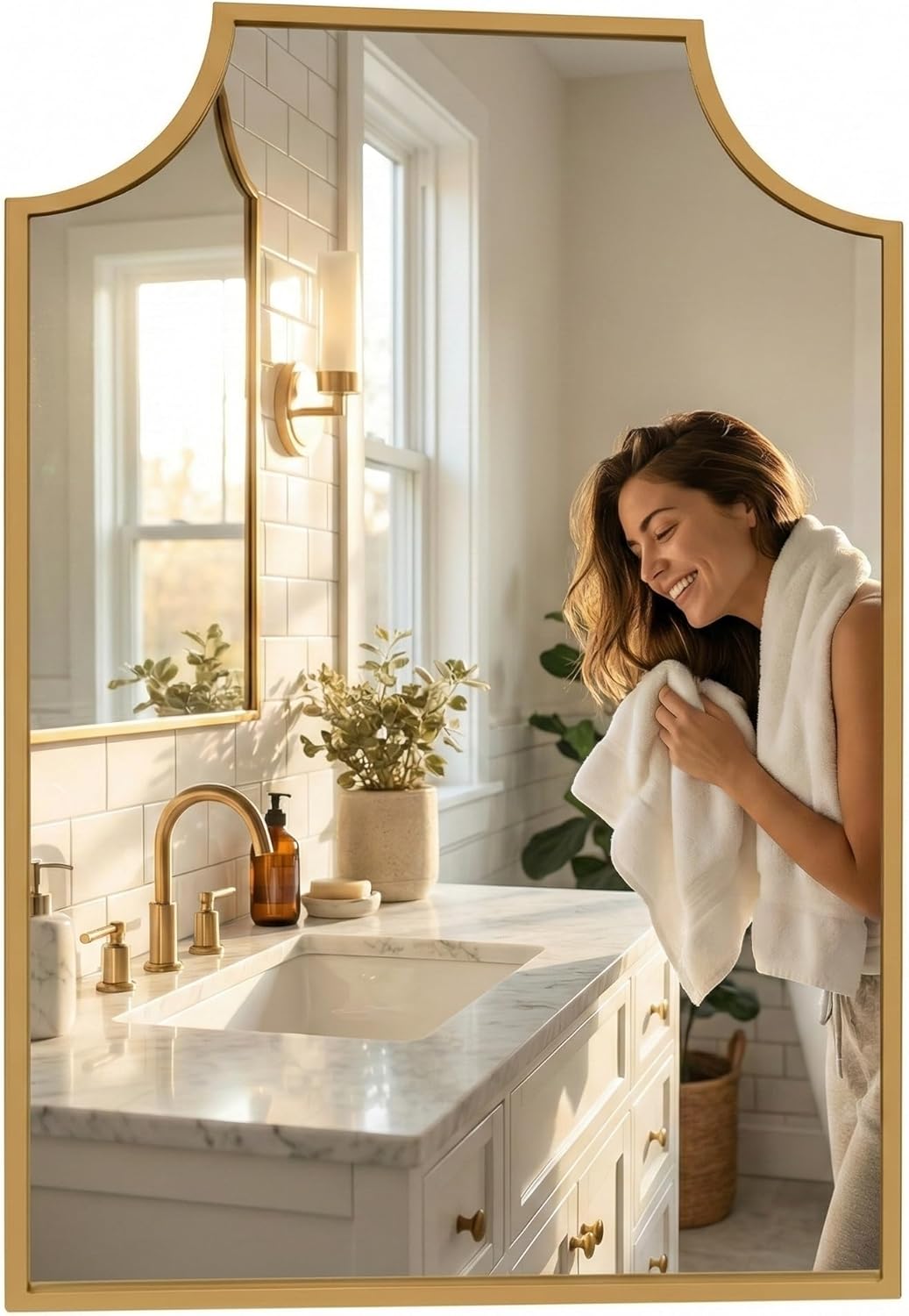 Gold Mirrors for Bathroom Sink, 24"x36" Scalloped Mirrors for Over Sink, Art Deco Transitional Style, 1-Pack