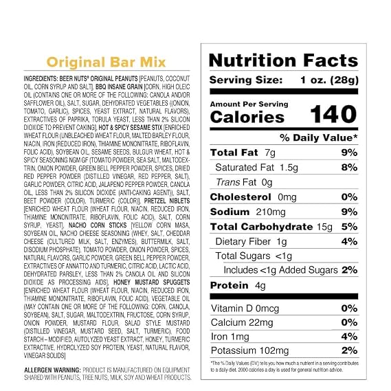 BEER NUTS Original Bar Mix - Pretzels, Cheese Stix, Sesame Stix, Insane Grain - 20oz Resealable Bag (Pack of 2)