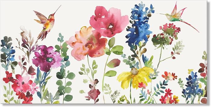 Goldfoilart Colorful Flower Wall Art for Living Room Watercolor Hummingbird Canvas Picture Landscape Wildflowers Painting Floral Large Framed Artwork for Bedroom Bathroom Office Decor 40"x20"