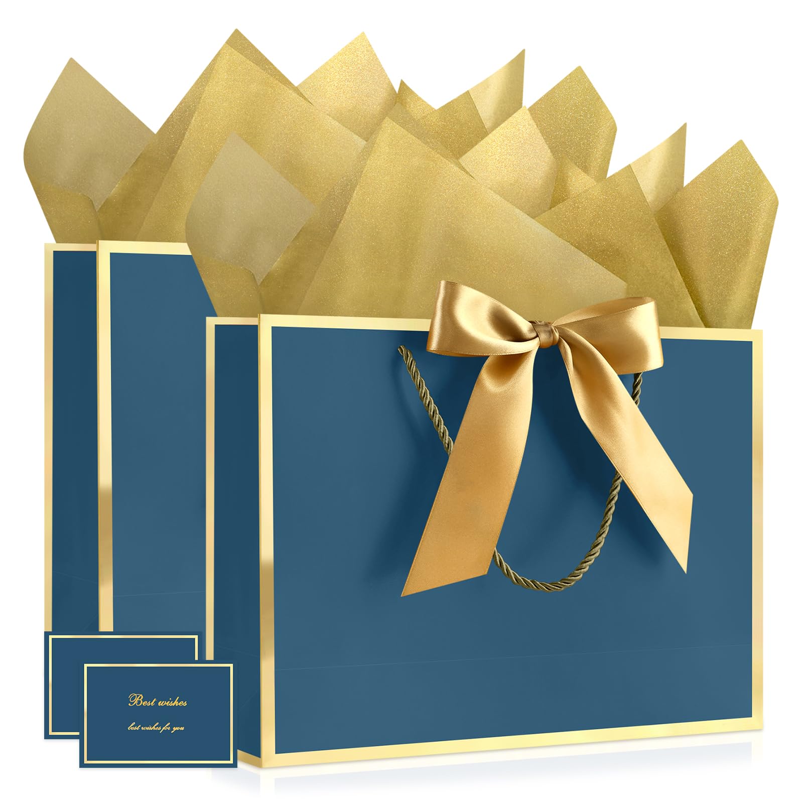 JMANNI Medium Blue Gift Bag with Handles – 28x20x10 cm, Includes 2 Greeting Cards & 4 Tissue Papers, Portable Paper Gift Wrap for Wedding, Birthday, Mother's Day, 2-Pack