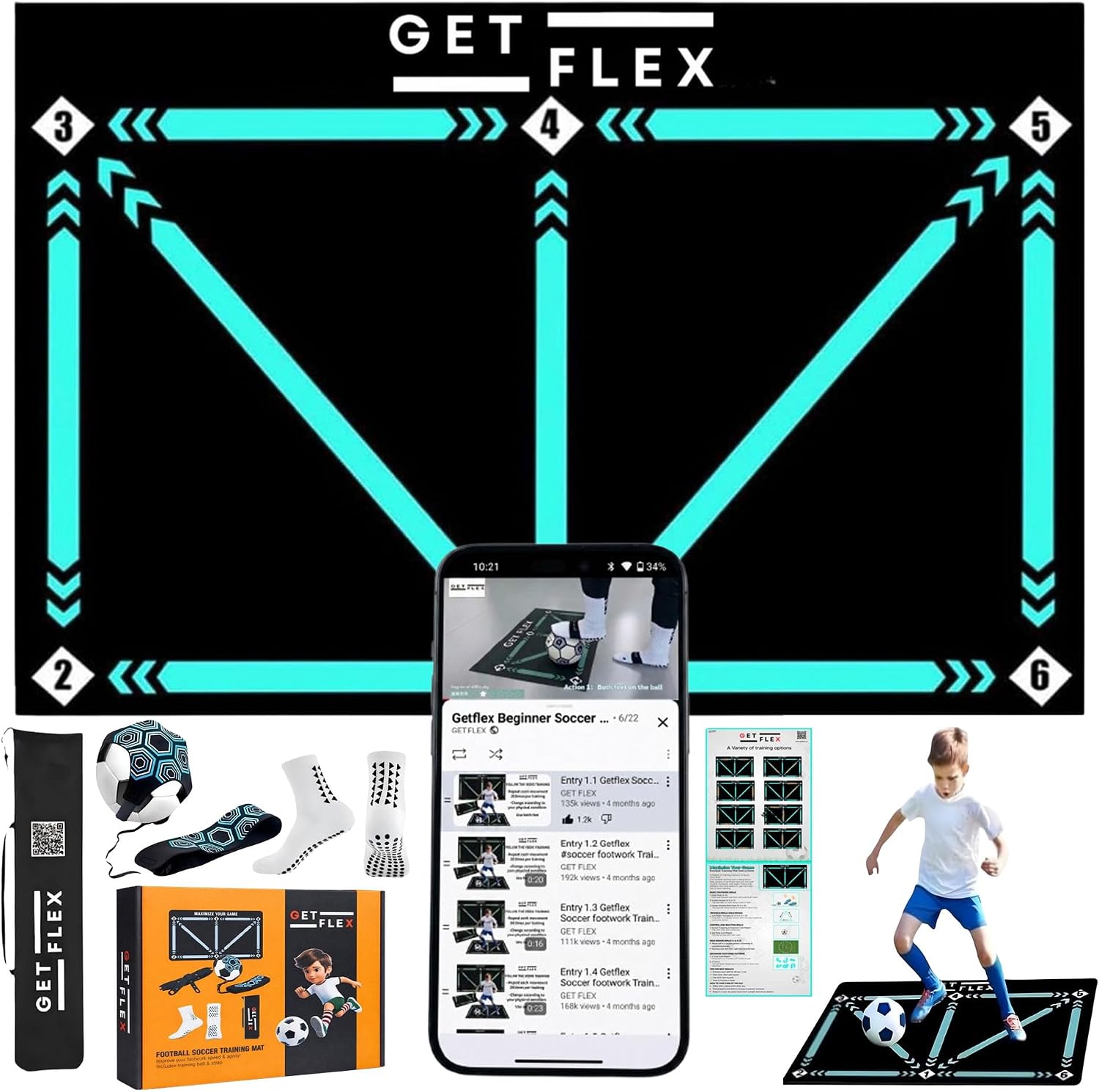 Soccer Training Mat with Video Guide, Kick Trainer & Ball Controller, Soccer Footwork Training Mat for Dribbling, Agility & Coordination, Non-Slip Indoor Outdoor Soccer Training Equipment for All Ages