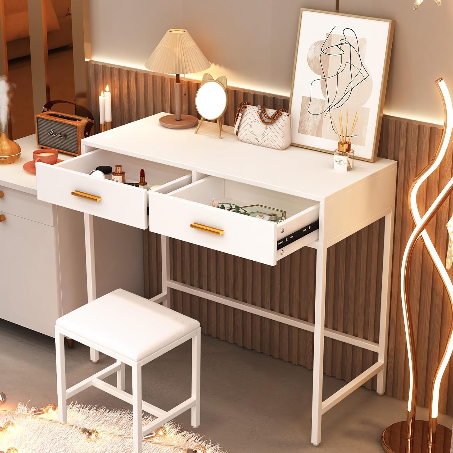 Vanity Desk Without Mirror, Makeup Vanity Table Set with Drawers, White Vanity for Bedroom, Dressing Table for Teen Girls & Women H3414
