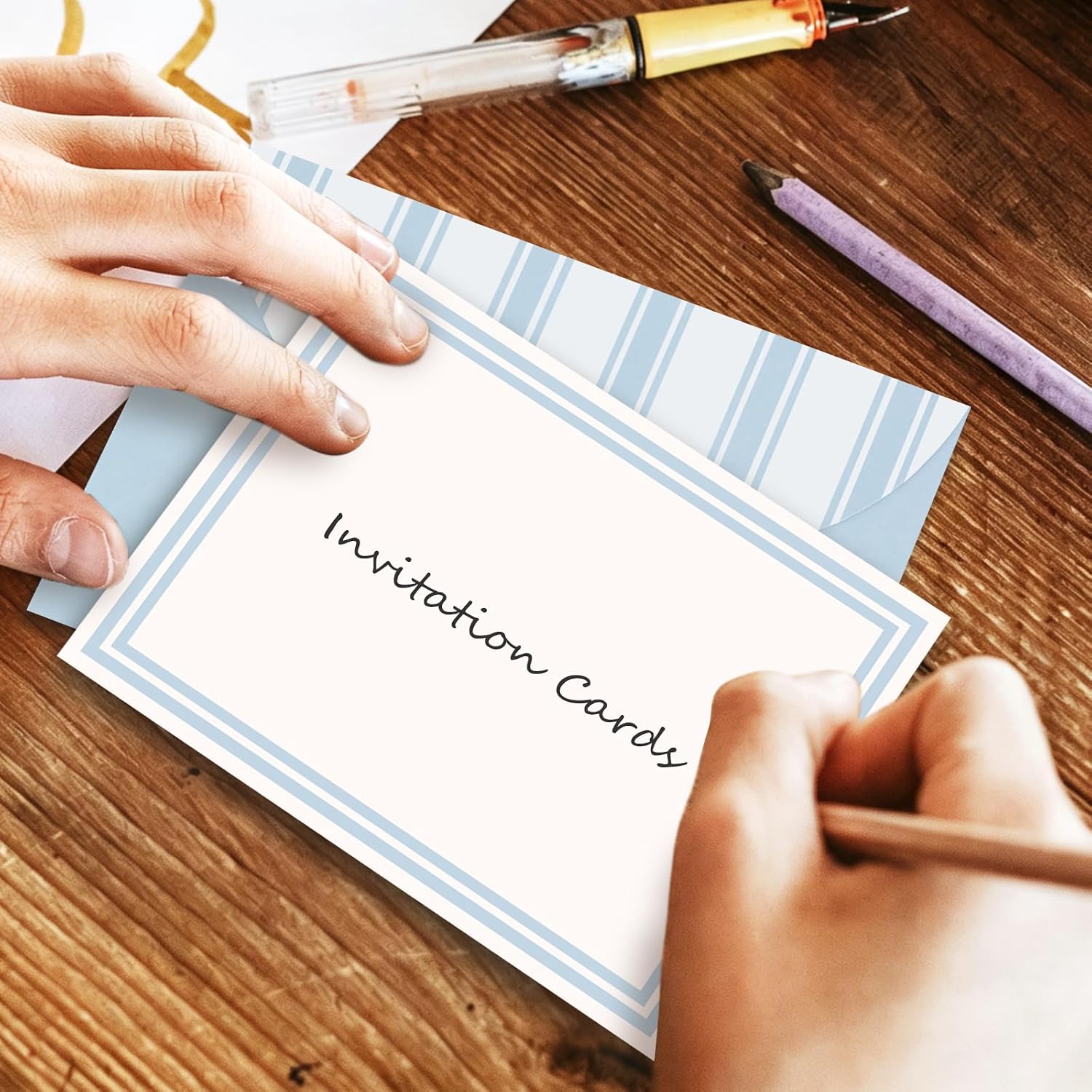 Whaline 24Pcs Flat Blank Notes with Envelopes Blank Index Cards Simple Blue Non Folding Double-Sided Note Cards for Baby Shower Birthday Wedding, 5.5 x 4.3 Inch