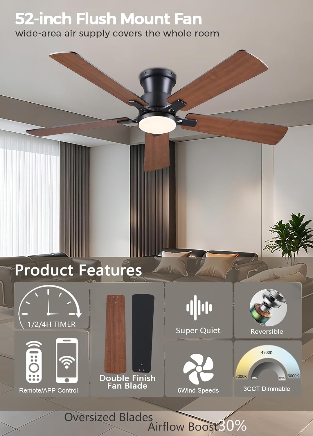 52Inch Ceiling Fan with Lights and Remotes, Modern Smart Flush Mount Ceiling Fans,DC Reversible Motor, 3CCT Dimmable,Noiseless,Dual Finish, Brown 6 Speeds Ceiling Fan for Indoor/Outdoor