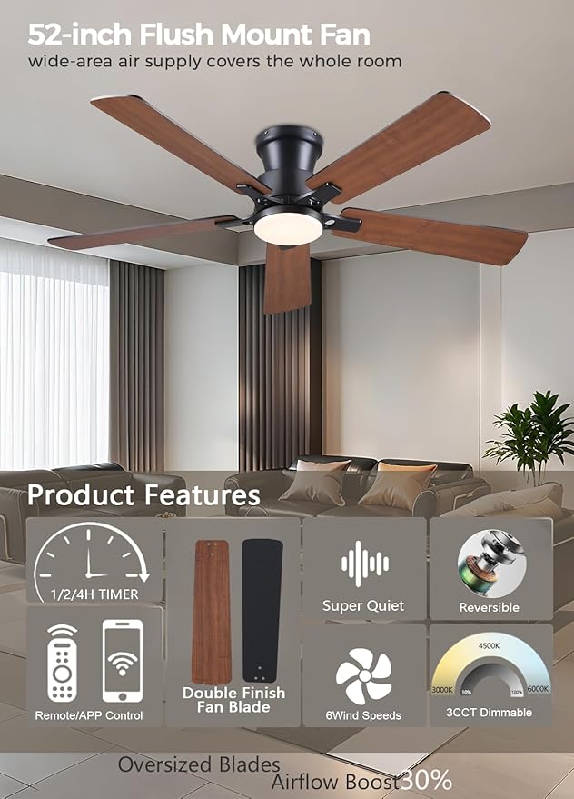 Ventilador de Techo 52 Pulgadas con Luz y Control Remoto, 6 miniatura 2