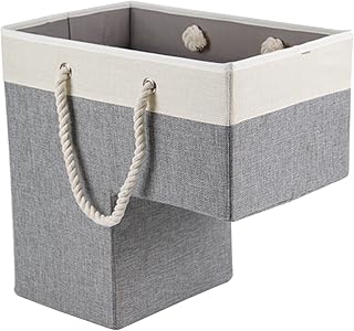SHINROAD Cesta de escalera con asa, duradera, plegable, portátil, cuerda de algodón, gran capacidad, resistente, de madera, alfombrada, organizador de almacenamiento, color gris y blanco
