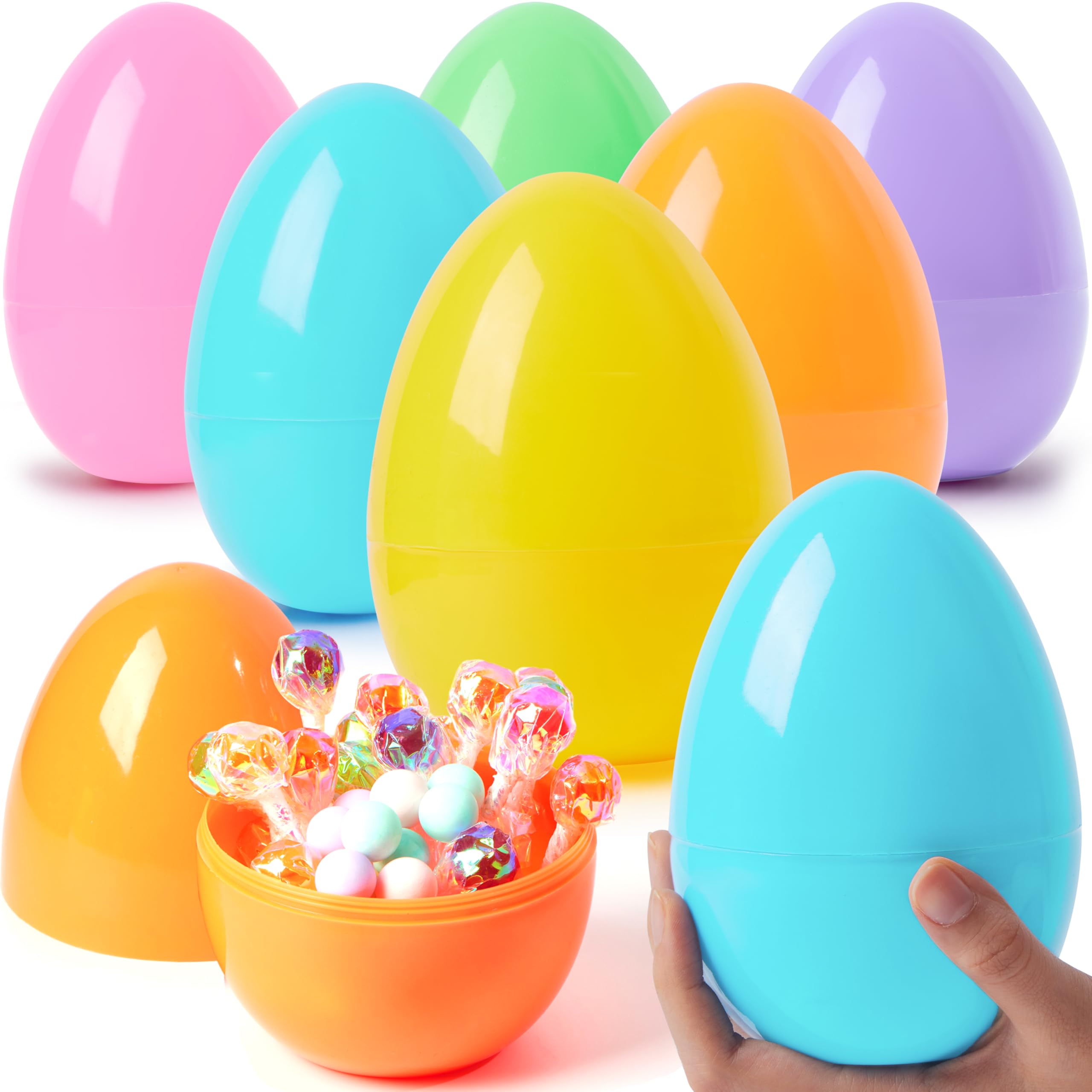 JOYIN 6 Pcs Large Pastel Easter Eggs, 6 Inches Jumbo Plastic Eggs Fillable for Easter Themed Hunt Colorful Basket Stuffers Fillers Filling Treats Party Favor Classroom Prize Supplies