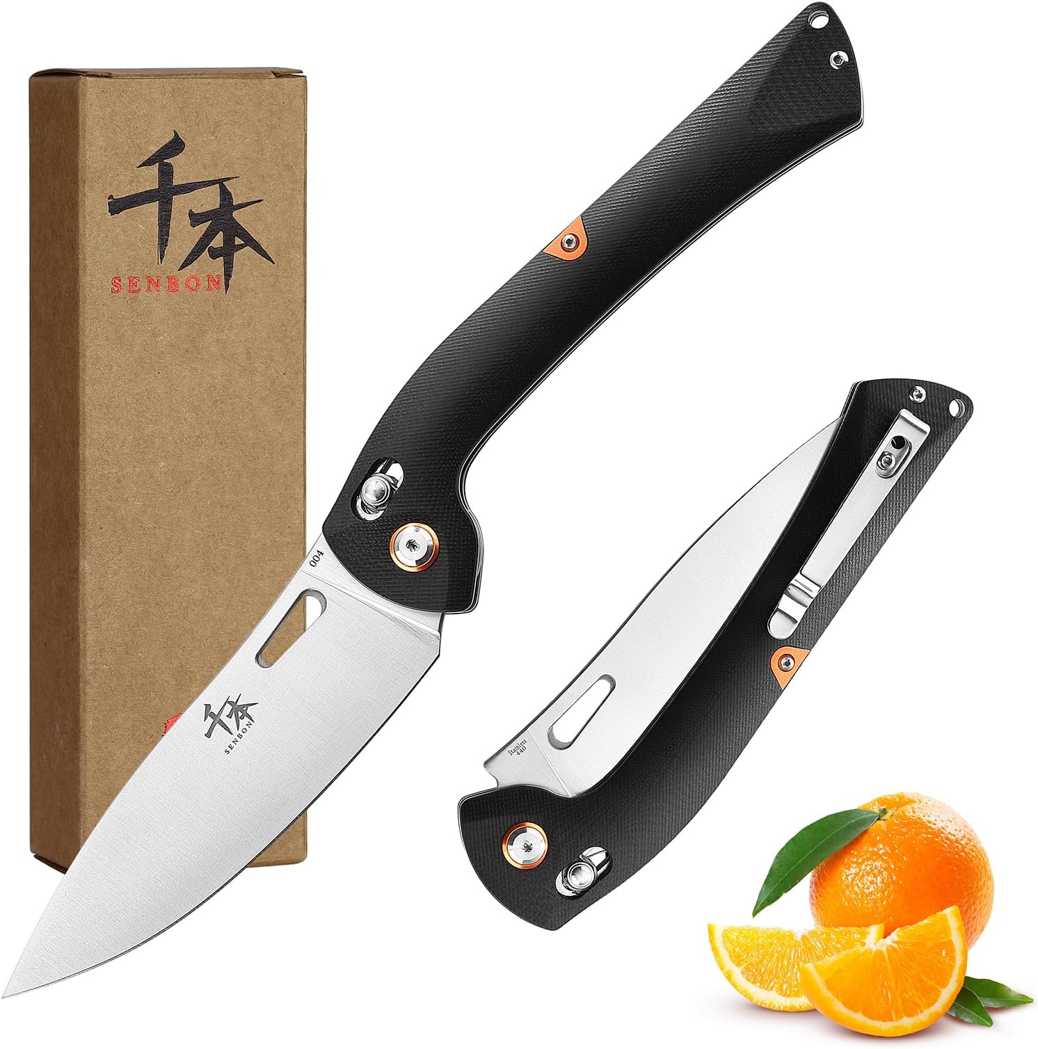 SENBON 440 Stainless Steel Super Sharp Pocket Folding Chef Knife - Peeling, Utility, Fruit Knife - G10 Handle - Camping, Barbecue, Outdoor - Clip