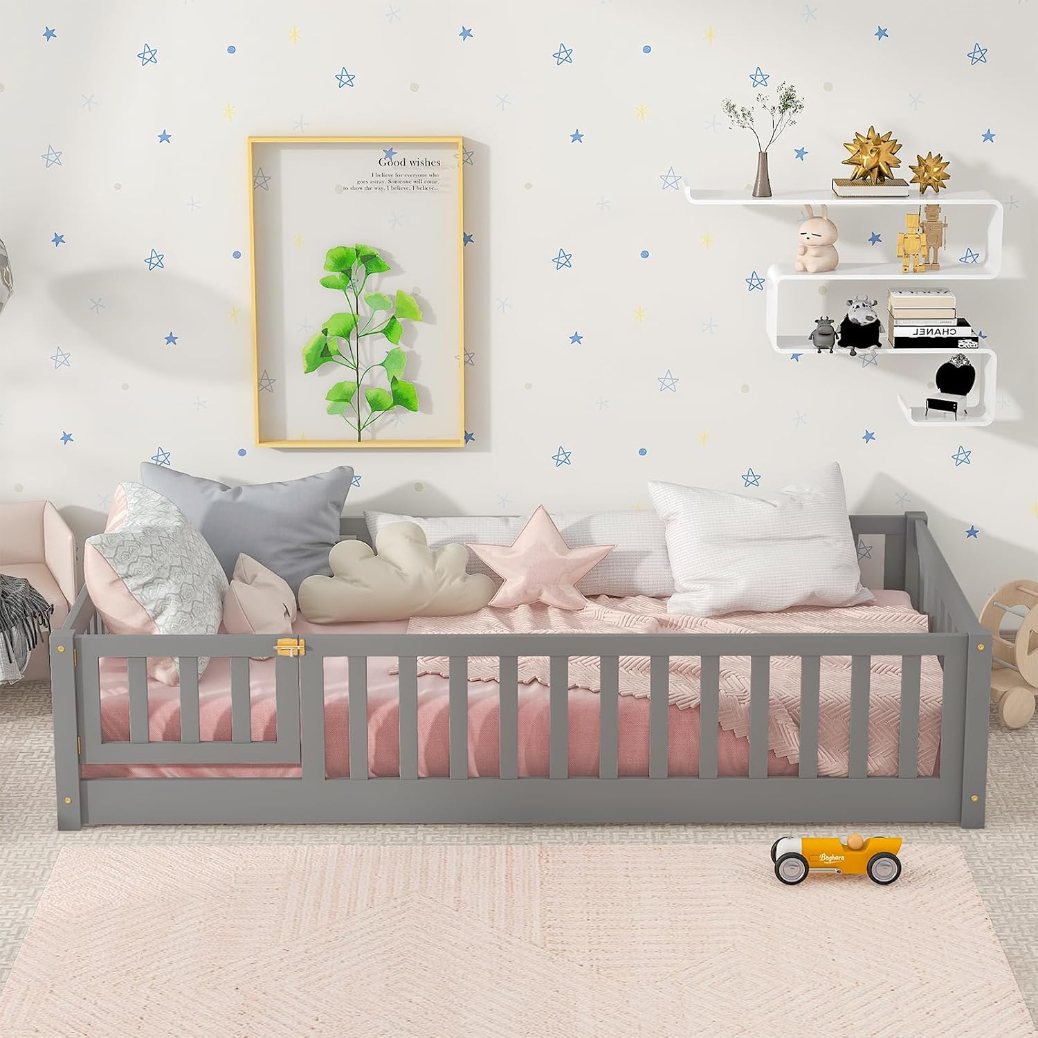 Pine Wood Floor Bed with Slats Fence & Door Easy Assembly Twin Size Bed Frame for Children Girls Boys (202 x 106 x 44cm) Grey One Size