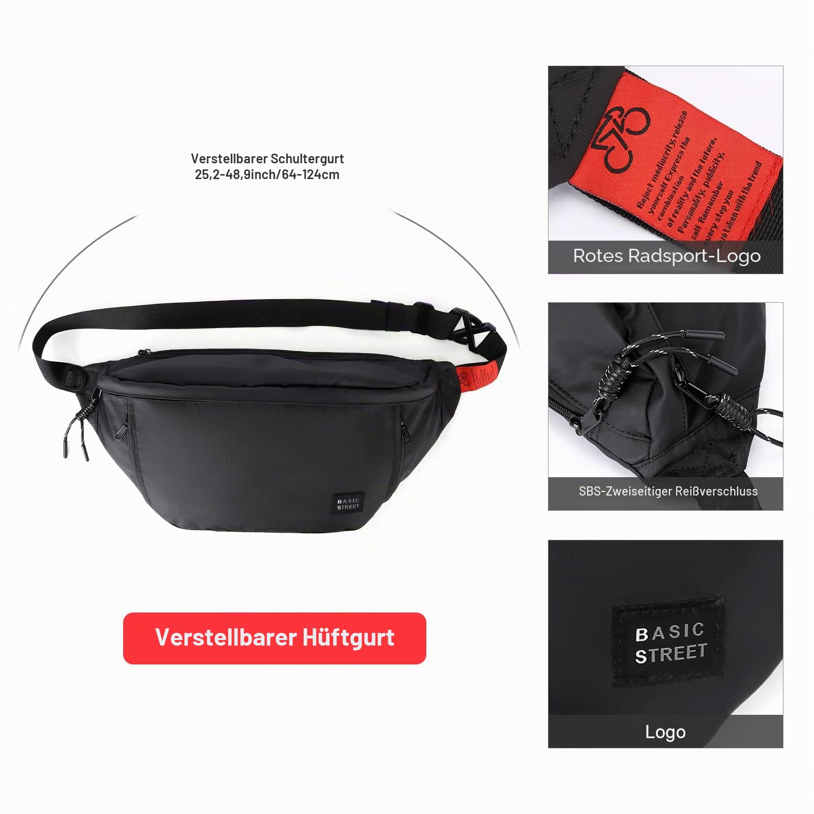 Große Gürteltasche in Übergröße für Männer und Frauen, wasserdicht, Hüfttasche mit verstellbarem Gurt für Reisen, Sport, Wandern, Laufen, Militär, Weiß, Schwarz (mit 5 Reißverschlusstaschen)