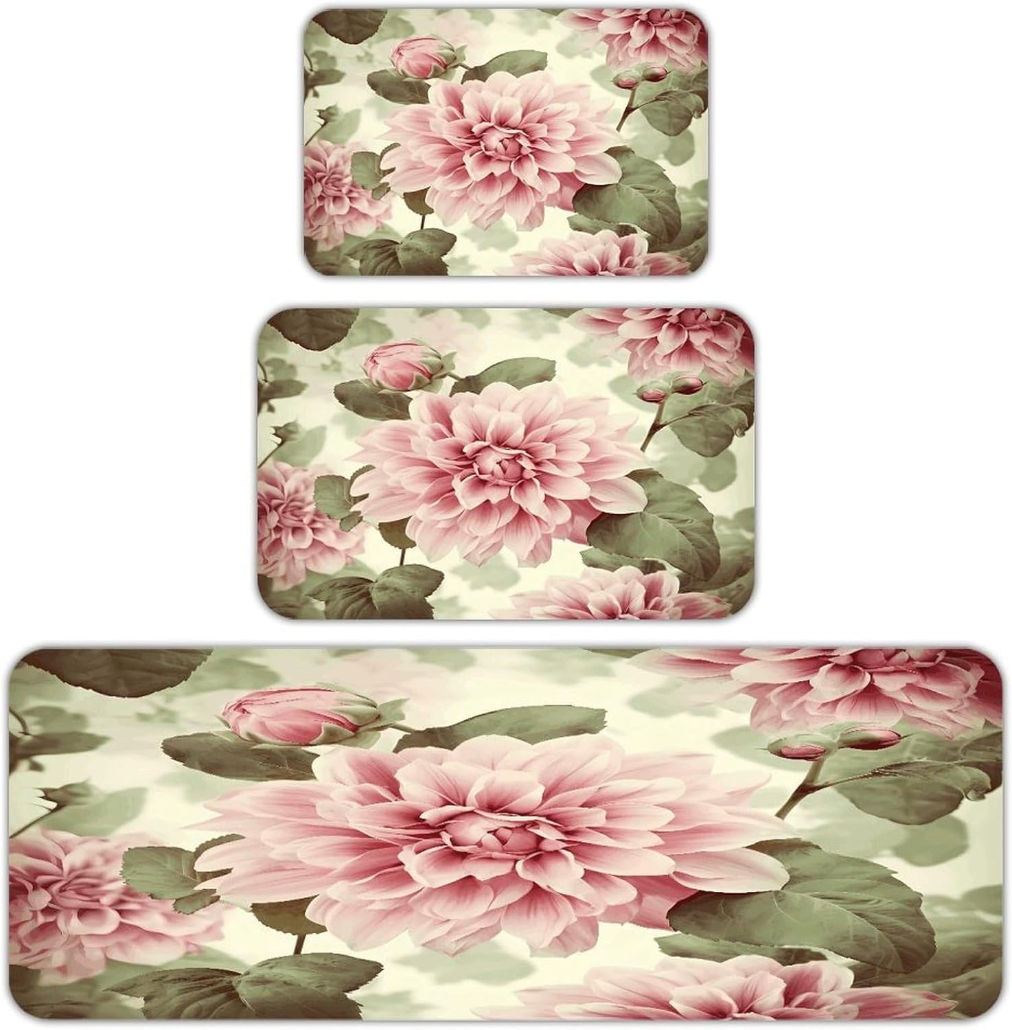 Beautiful Vintage Pink Flower Kitchen Rugs Sets of 3 Washable Non Slip Kitchen Rug Water Resistant Carpet Piece Anti Fatigue Kitchen Mats Soft Comfort Standing Mat Modern Area Rug