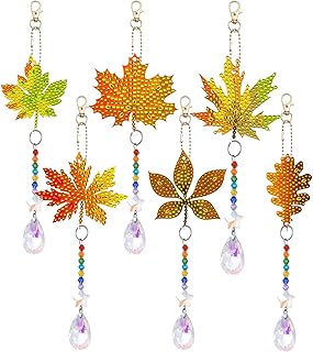 6 Pcs Fall Diamond Art Kits Sun Catcher Thanksgiving Maple Leaves Wind Chimes with Crystal Pendant Double Sided Kits for Adults Harvest Garden Hanging Ornaments(Maple Leaves)