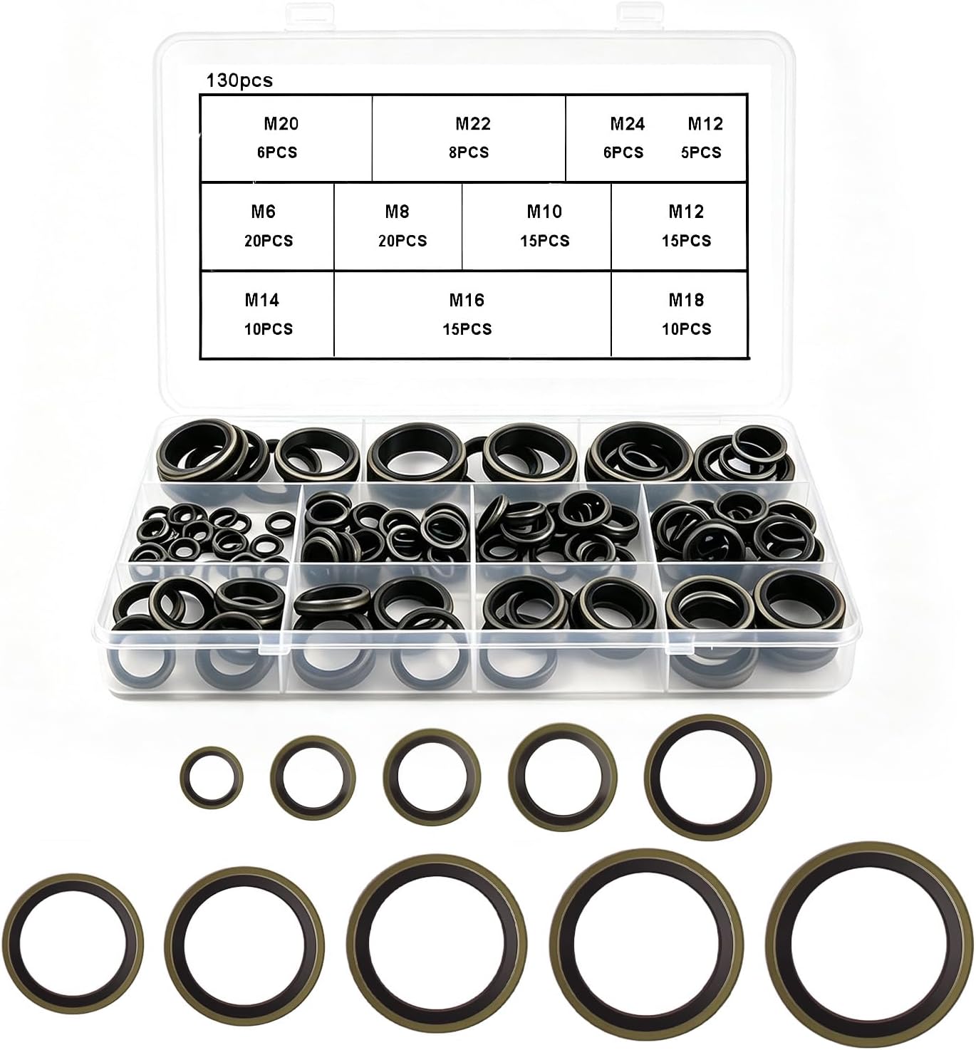 130PCS NBR Metal Bonded Sealing Washers,Oil Drain Plug Gasket Assortment