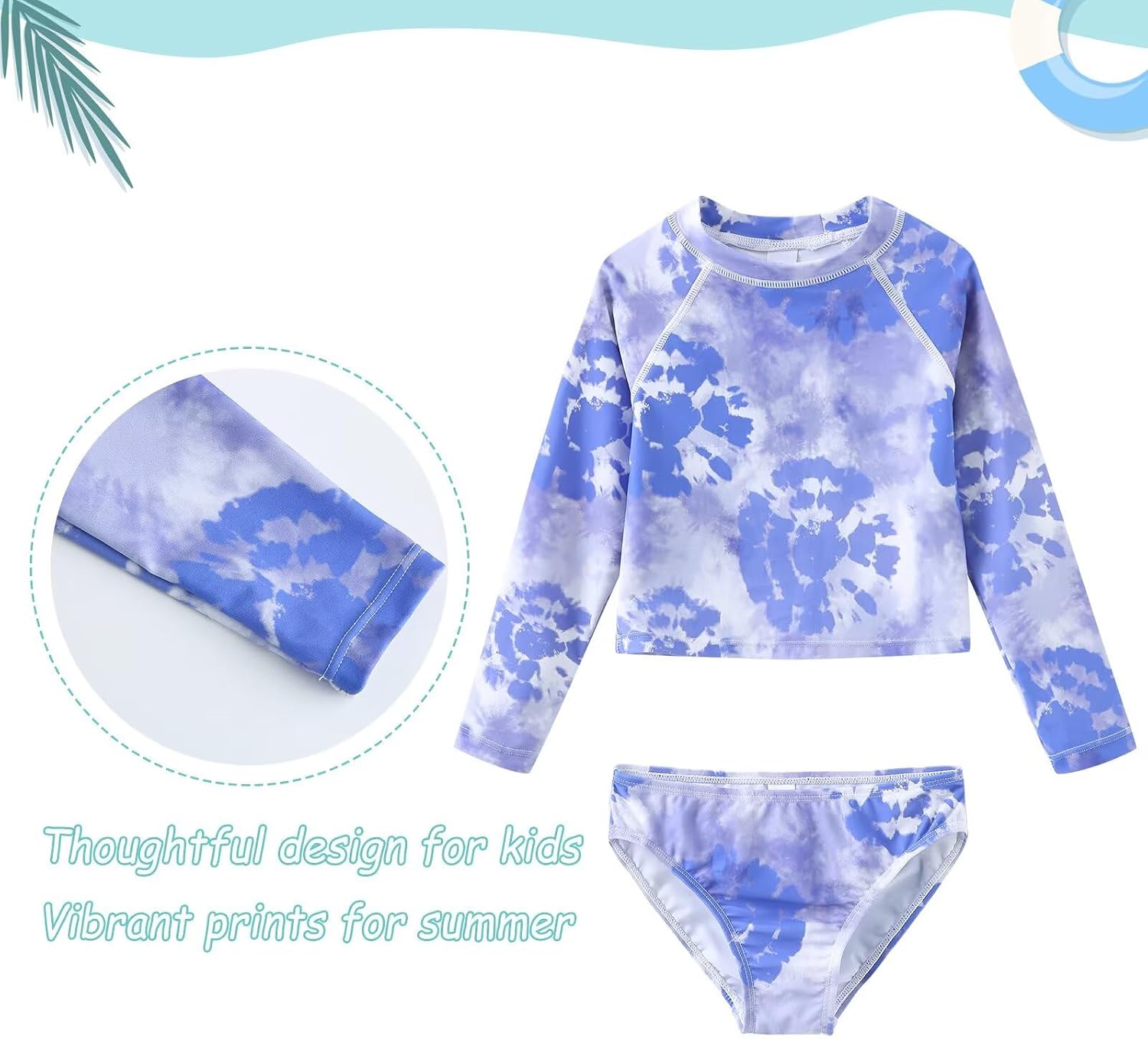 Girls Long Sleeve Rash Guard Swimsuits Set Tie Dye Bathing Suit for Kids Girls Hawaiian Swimwear Set Two Piece 3-16 Years